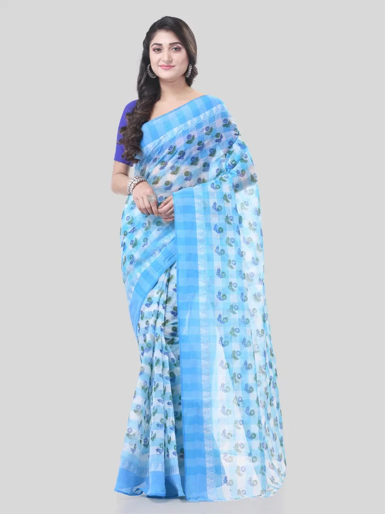 Pratiksha Cotton Woven Design Regular Saree Without Blouse(Blue)
