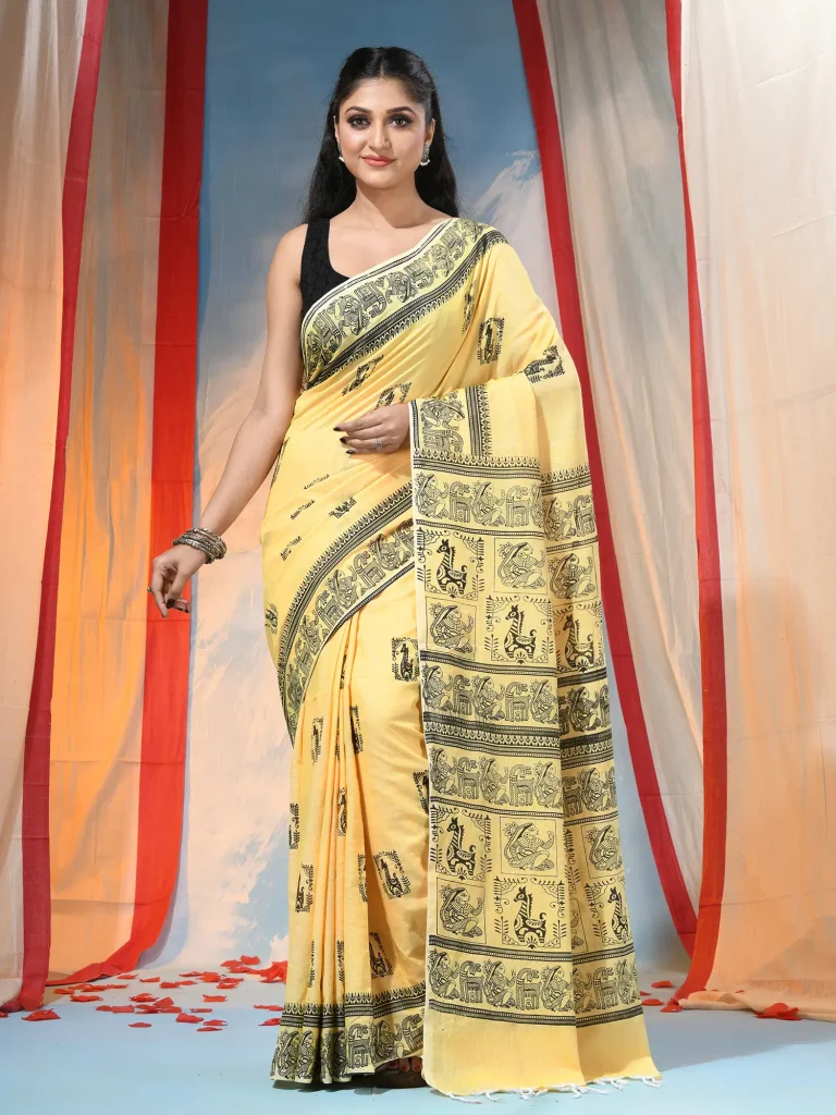 Pratiksha Cotton Printed Regular Saree Without Blouse Piece ( Yellow )